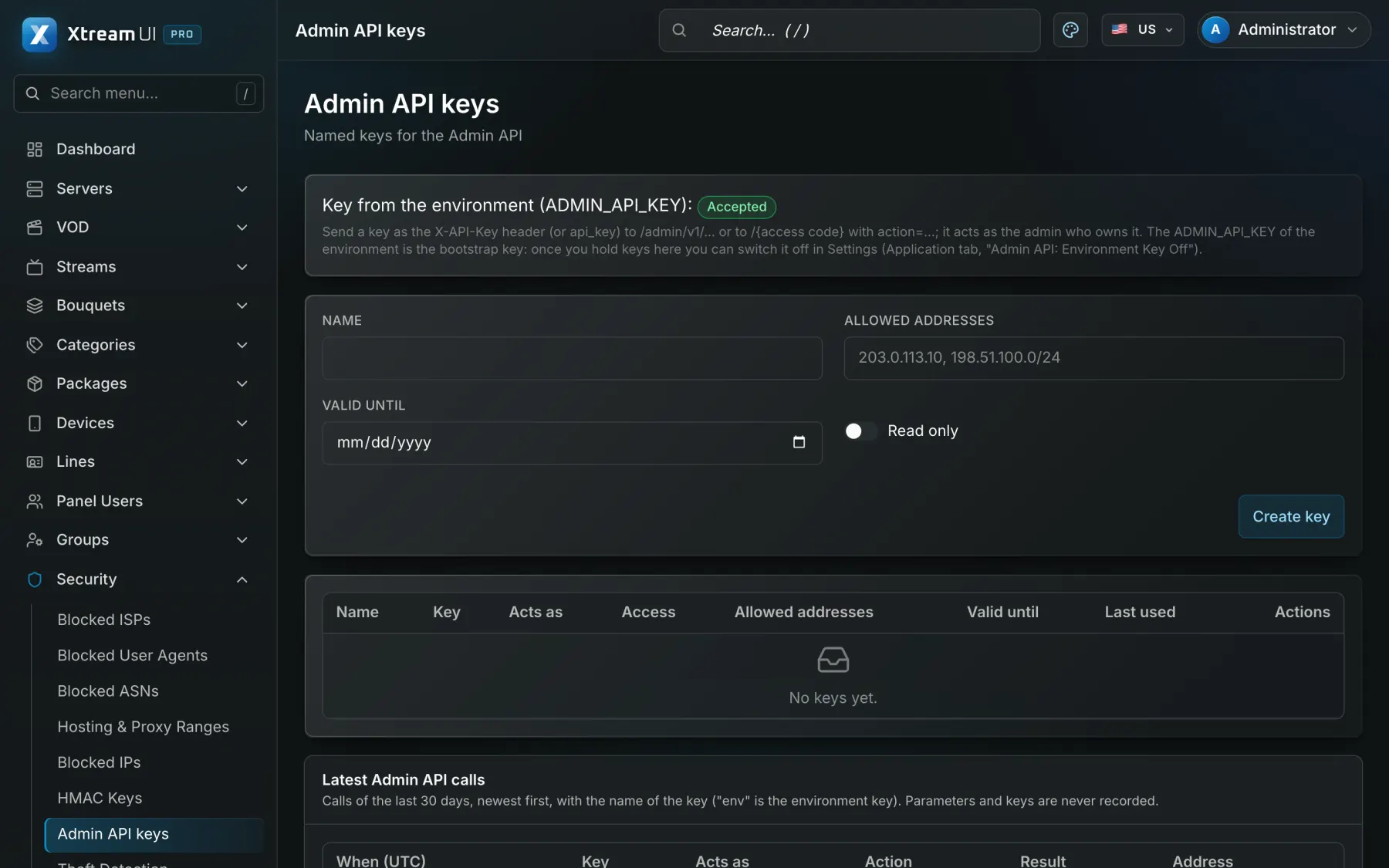 Admin API keys: named keys shown once, with their scope, allow-list and last use.