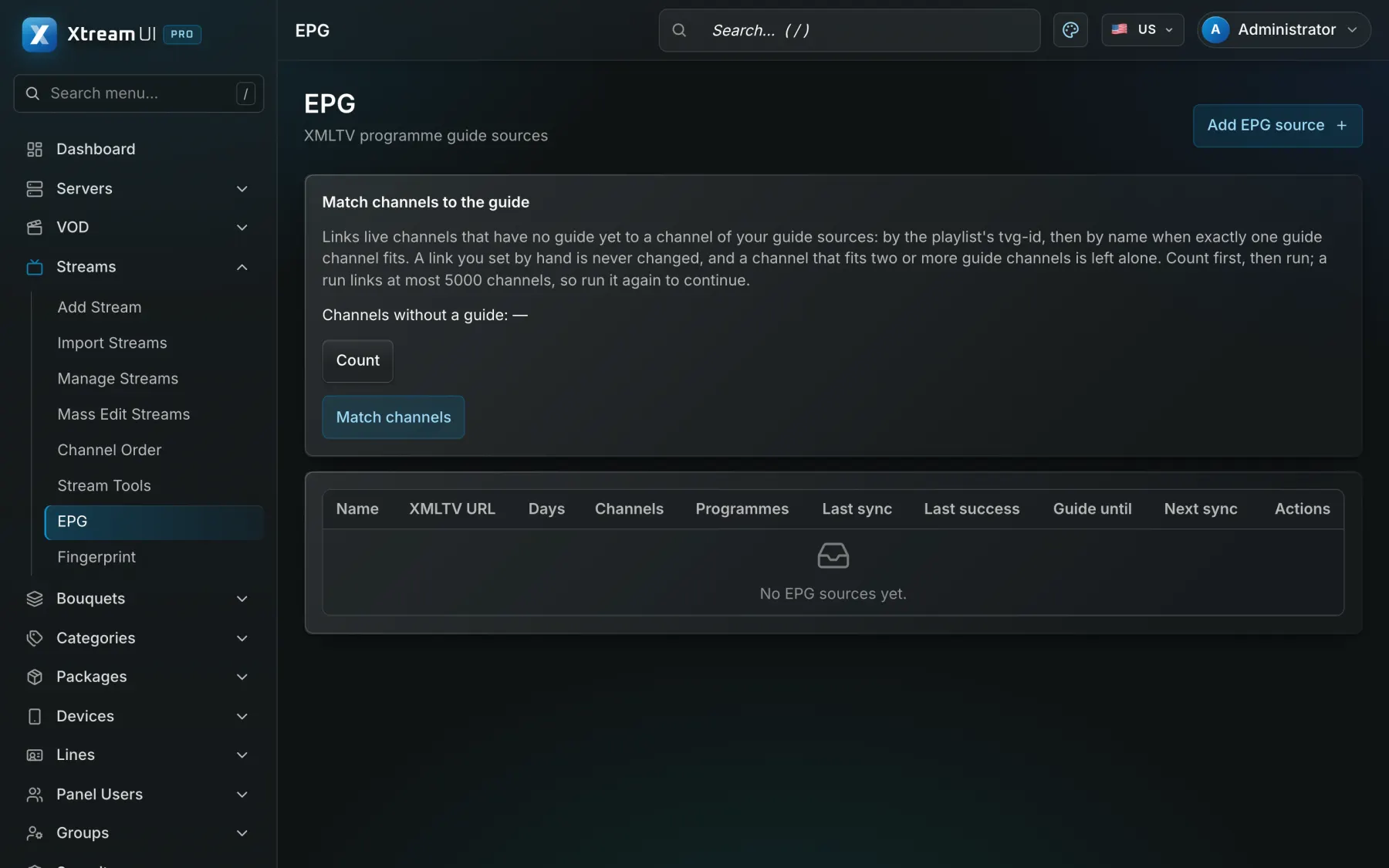 The EPG page: XMLTV sources, their last sync and the channels they feed.