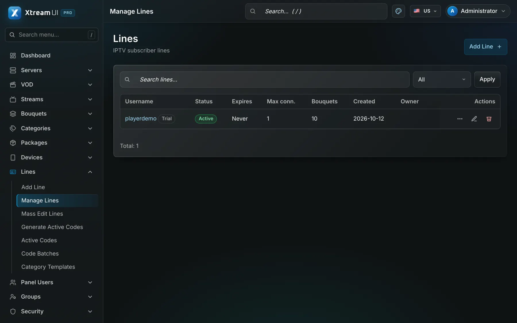 Lines: each viewer's access with its package, expiry, connections and status.