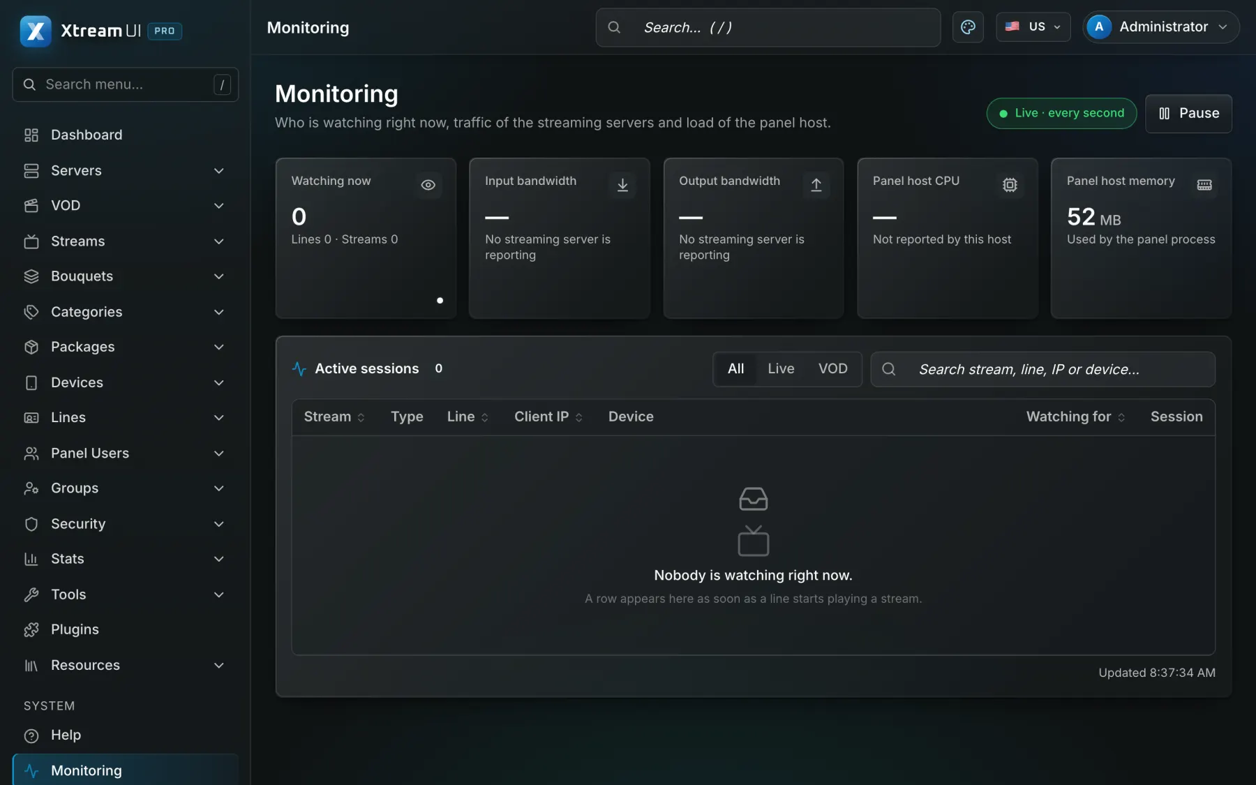 Monitoring: connections, bandwidth and server health at a glance.