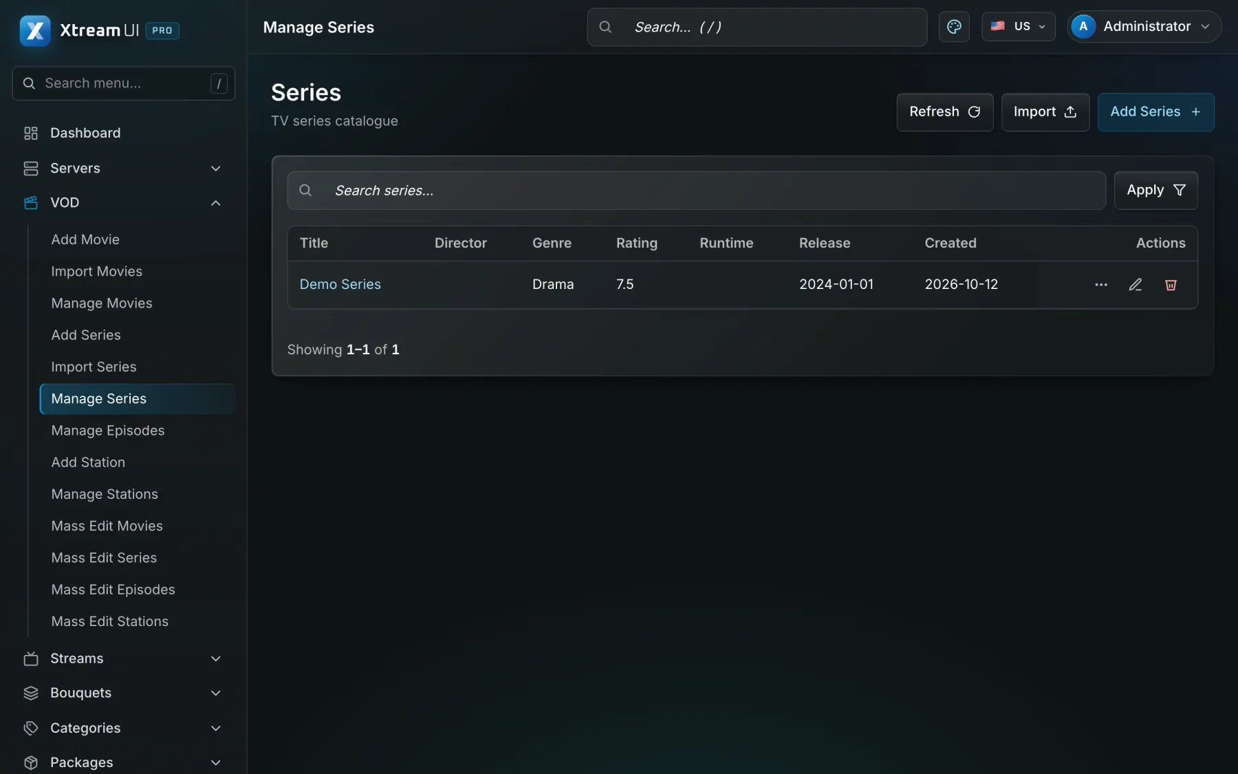 Series: seasons and episodes, each with its own source and metadata.