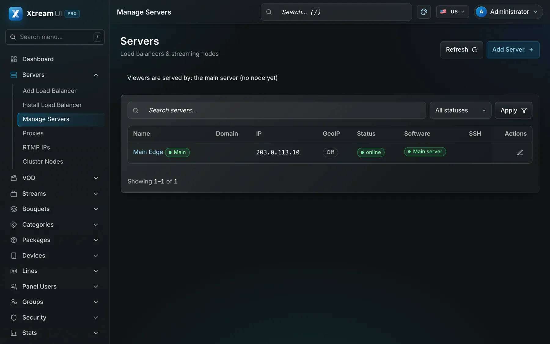 The Servers page of the dashboard: the main server and the nodes with their status and version.
