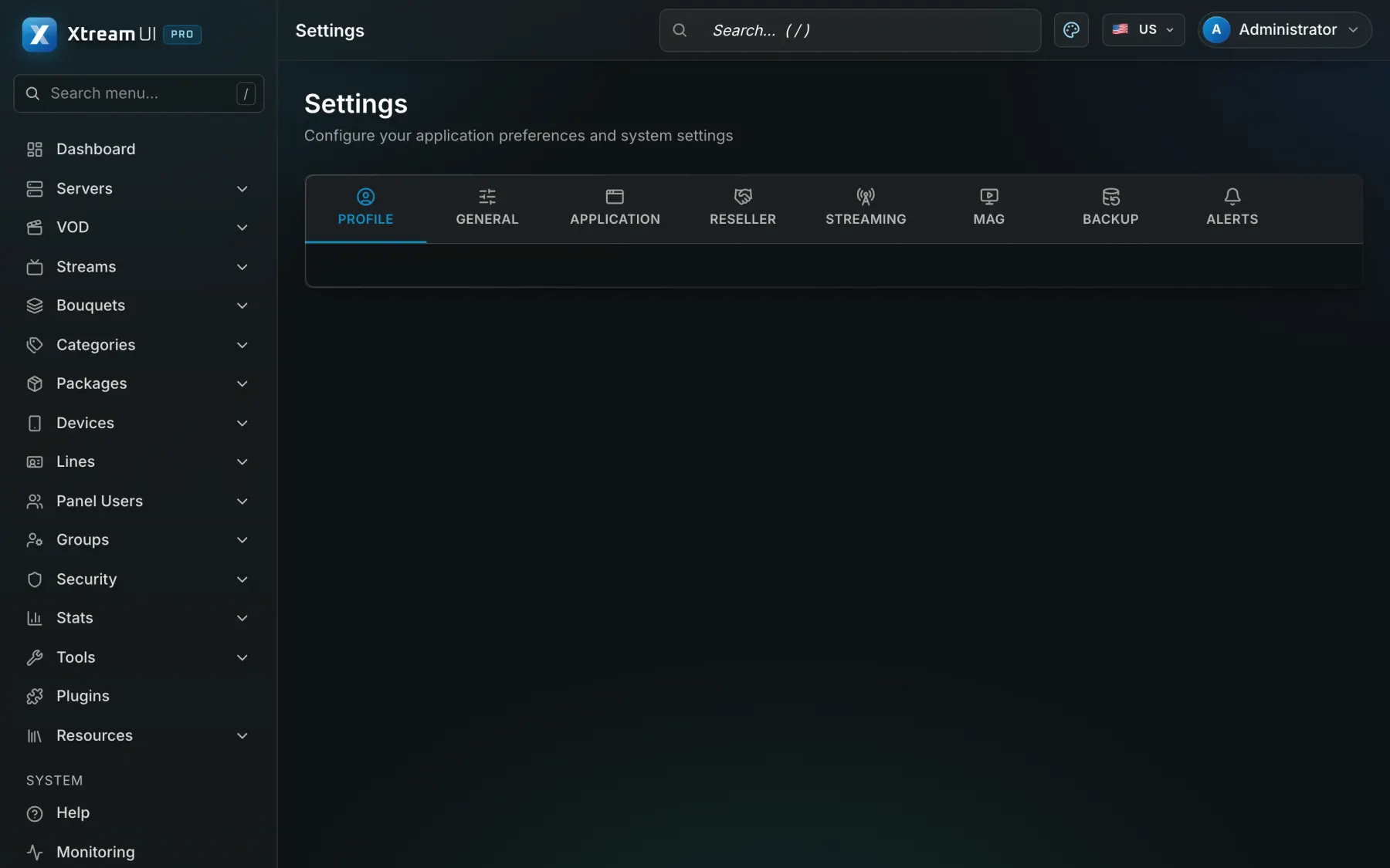 Settings: the application, security, alerts and backup tabs.