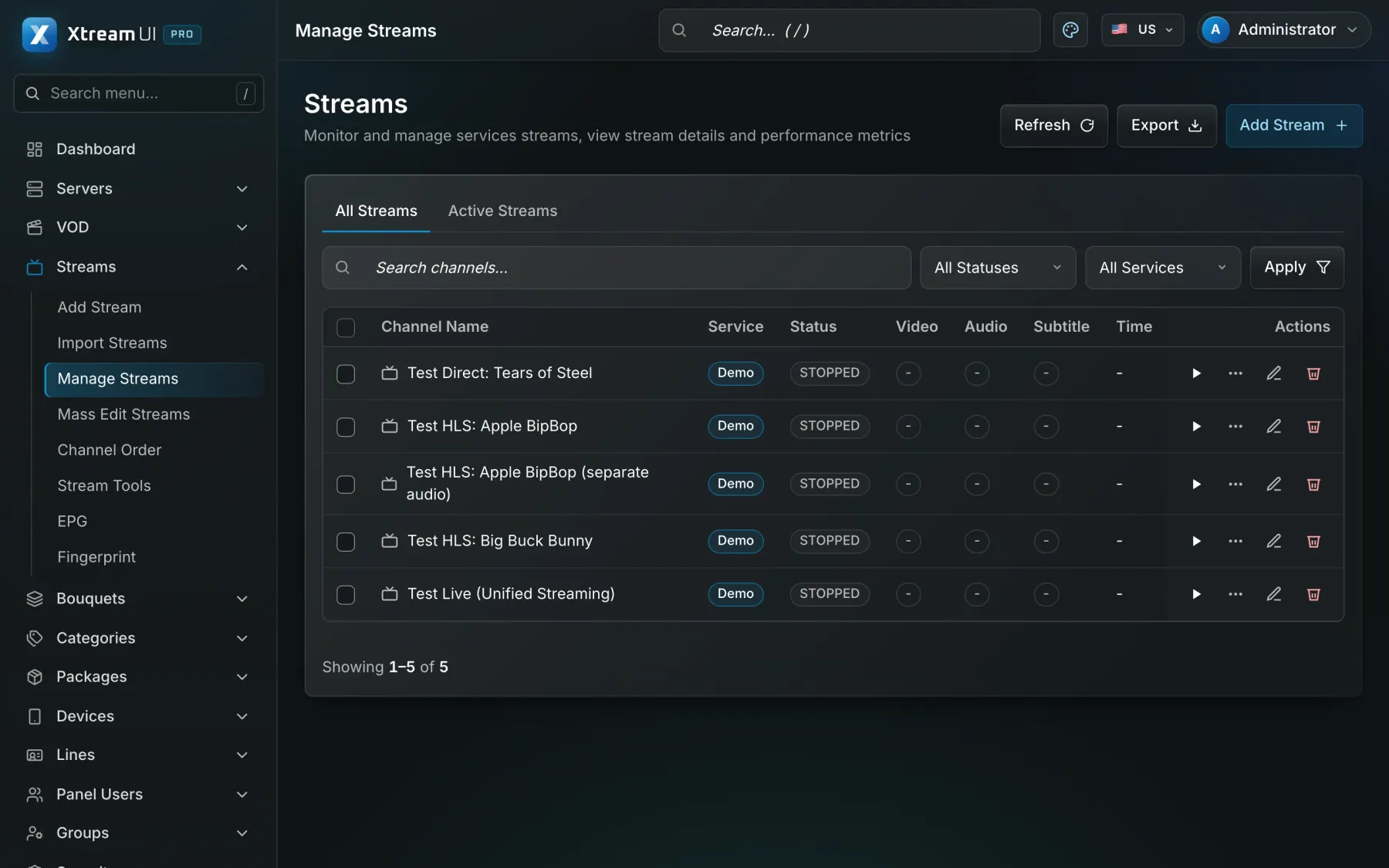The Streams page of the dashboard: the live channels with their status, category, source and output formats.
